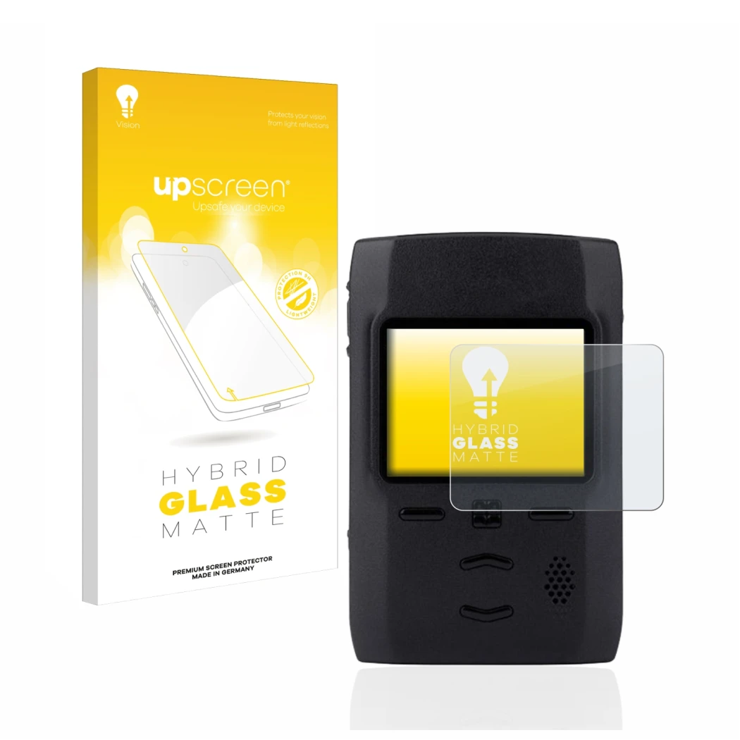 Parte frontal de un envase de producto con el logotipo de la marca upscreen. Al lado se muestra el dispositivo Motorola Adviso