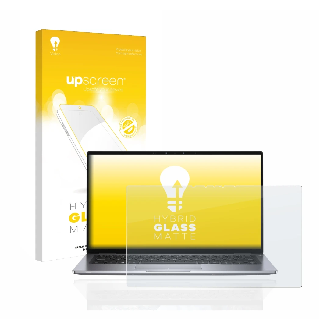 Parte frontal de un envase de producto con el logotipo de la marca upscreen. Al lado se muestra el dispositivo Dell Latitude 7