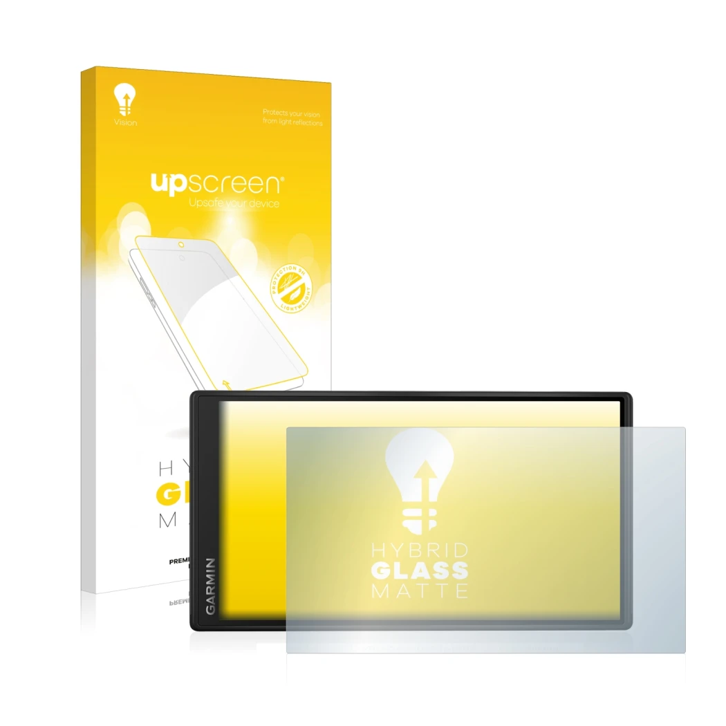 Parte frontal de un envase de producto con el logotipo de la marca upscreen. Al lado se muestra el dispositivo Garmin DriveSma