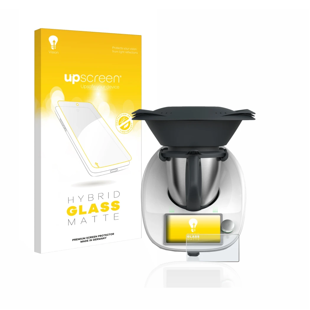 Parte frontal de un envase de producto con el logotipo de la marca upscreen. Al lado se muestra el dispositivo Vorwerk Thermom