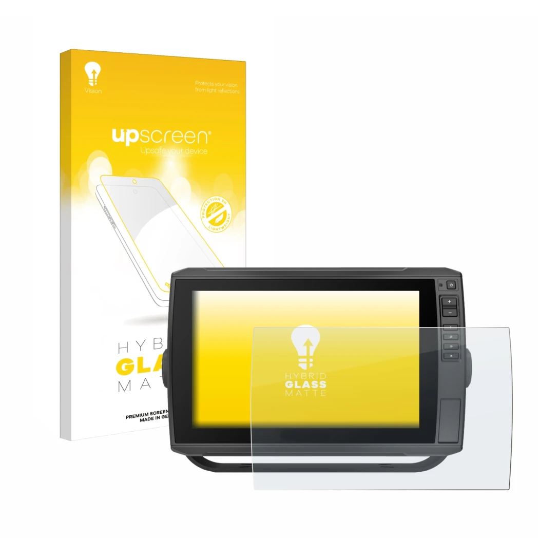 Parte frontal de un envase de producto con el logotipo de la marca upscreen. Al lado se muestra el dispositivo Garmin ECHOMAP 