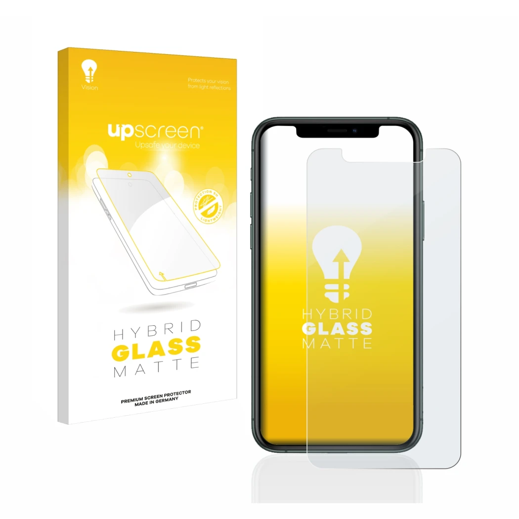 Parte frontal de un envase de producto con el logotipo de la marca upscreen. Al lado se muestra el dispositivo Apple iPhone 11