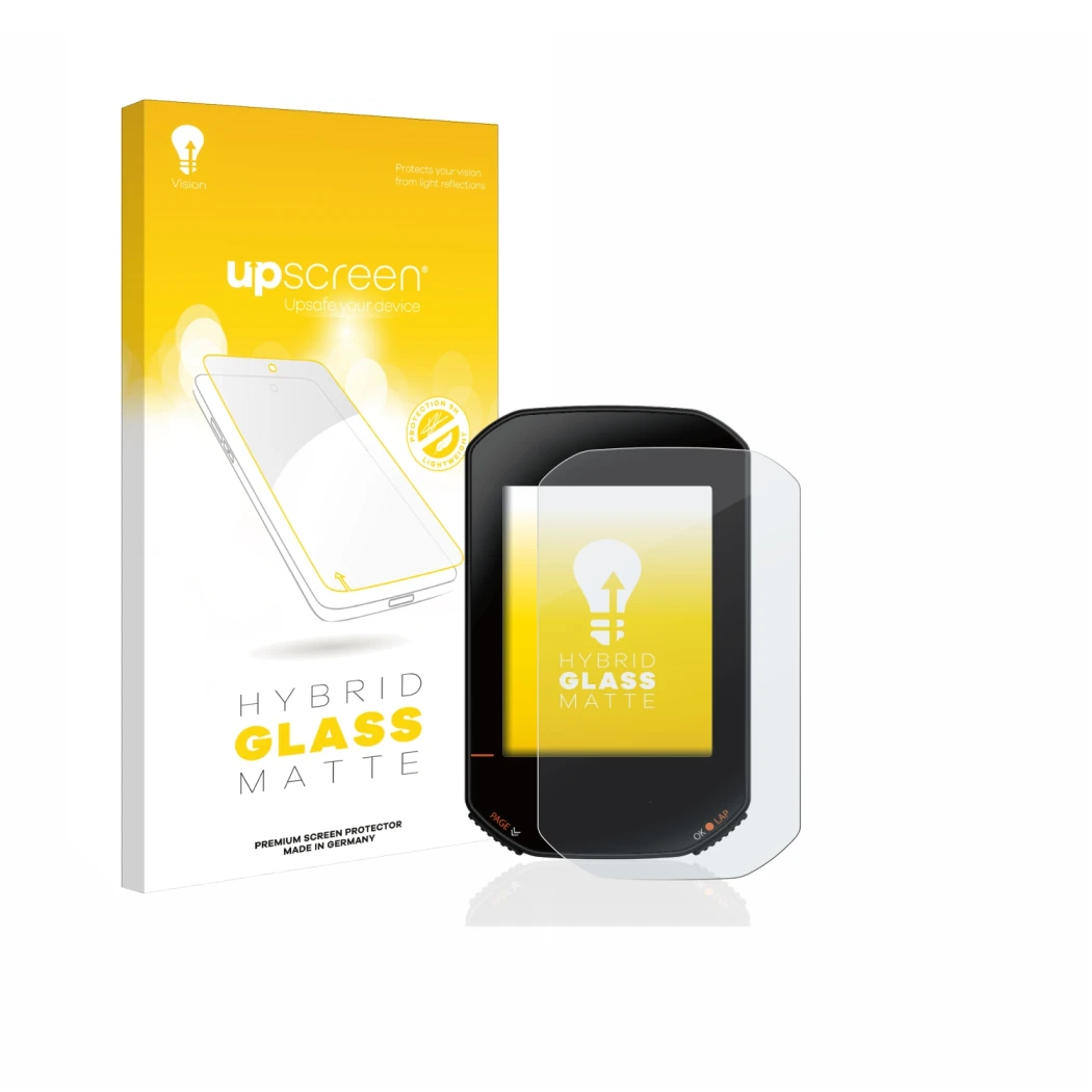 Parte frontal de un envase de producto con el logotipo de la marca upscreen. Al lado se muestra el dispositivo Bryton Rider 42