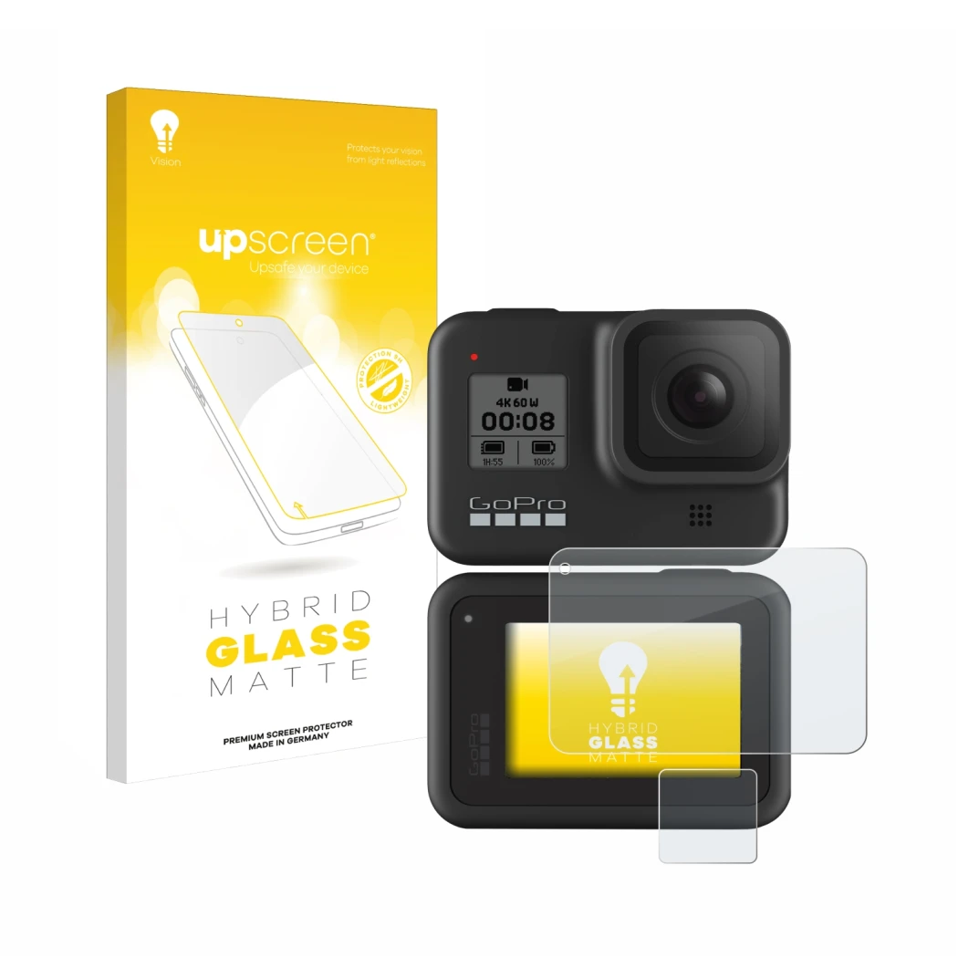 Parte frontal de un envase de producto con el logotipo de la marca upscreen. Al lado se muestra el dispositivo GoPro Hero 8 Bl