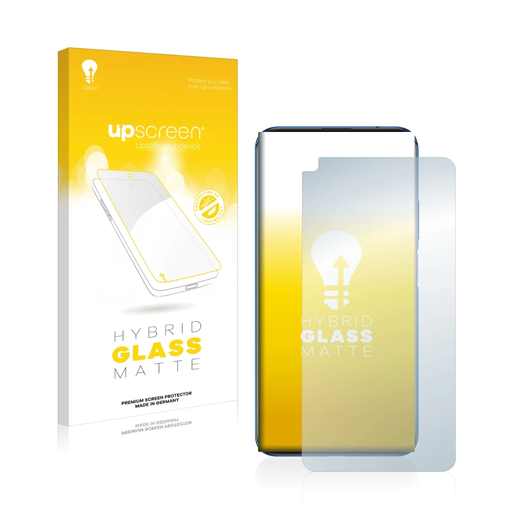 Parte frontal de un envase de producto con el logotipo de la marca upscreen. Al lado se muestra el dispositivo Huawei Nova 5T 