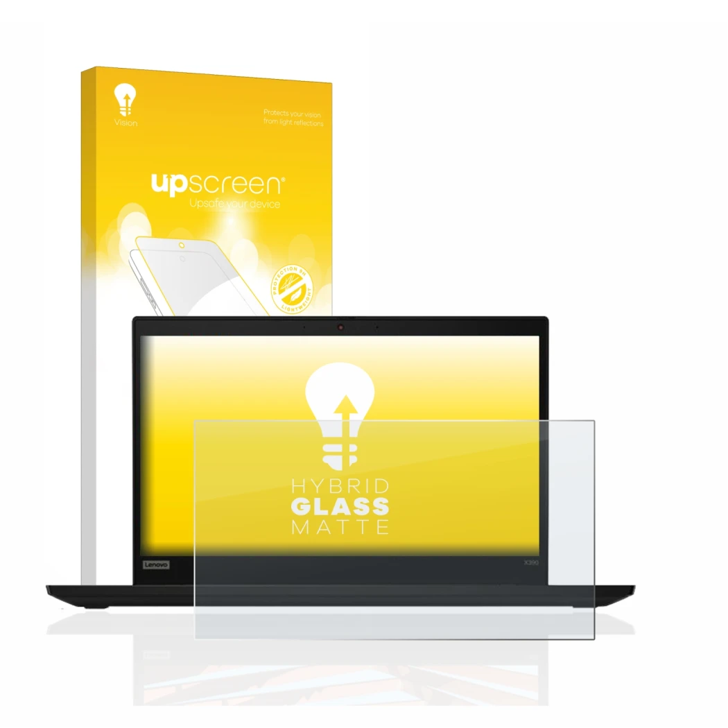 Parte frontal de un envase de producto con el logotipo de la marca upscreen. Al lado se muestra el dispositivo Lenovo ThinkPad