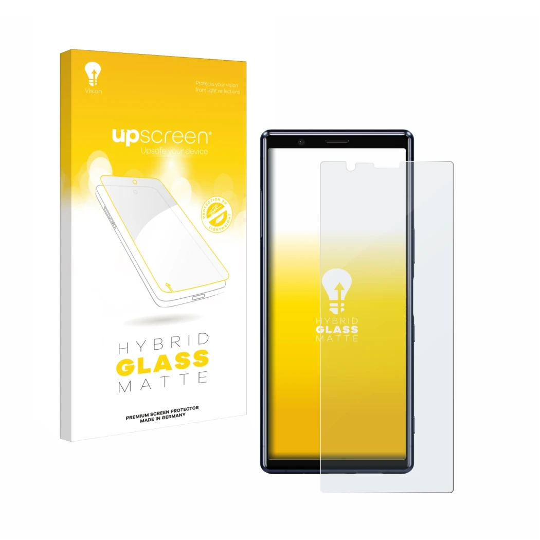 Parte frontal de un envase de producto con el logotipo de la marca upscreen. Al lado se muestra el dispositivo Sony Xperia 5 c