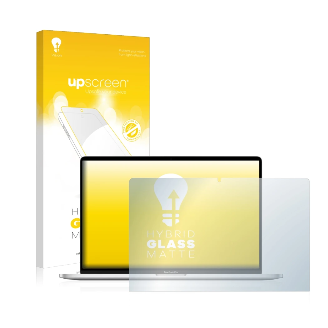 Parte frontal de un envase de producto con el logotipo de la marca upscreen. Al lado se muestra el dispositivo Apple MacBook P