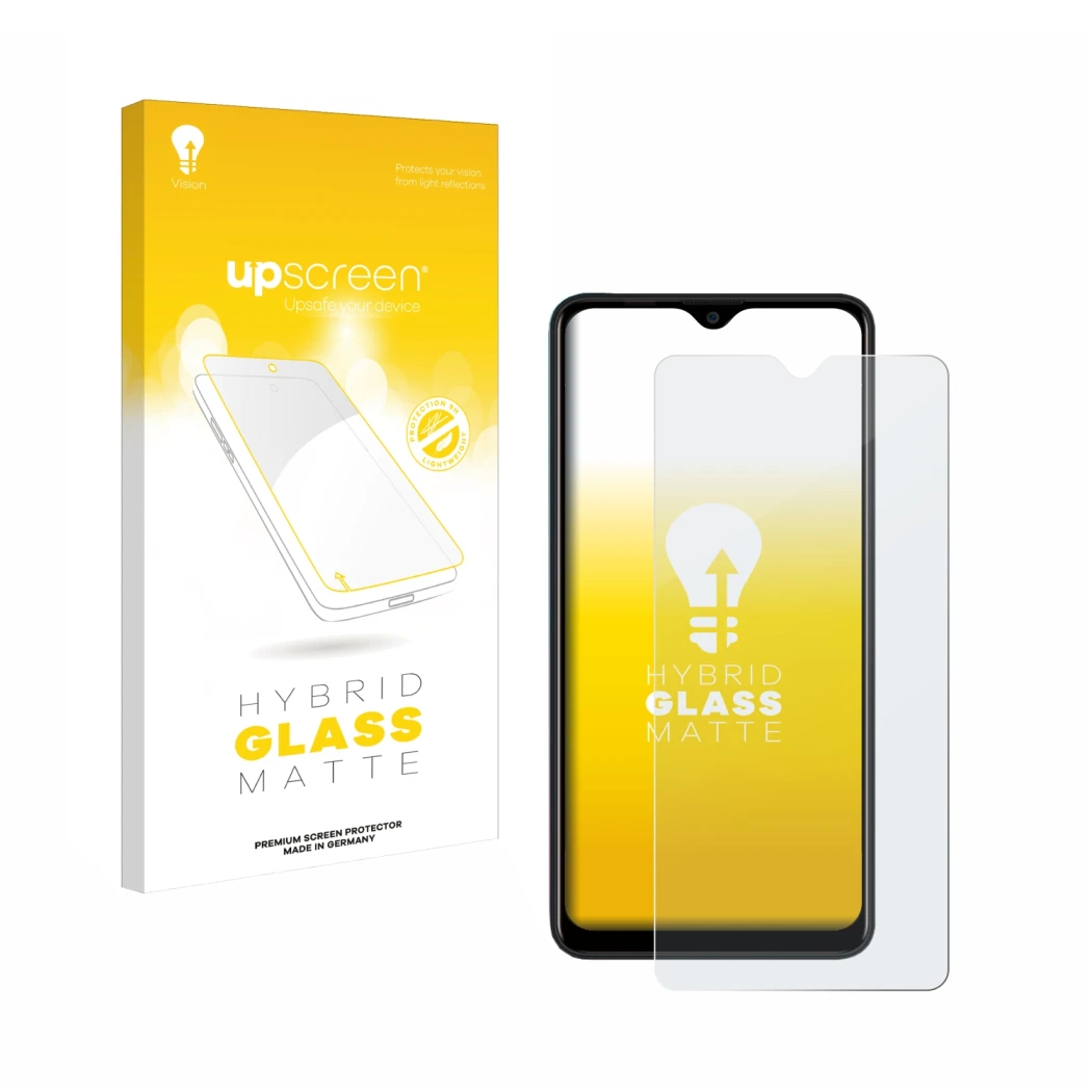 Parte frontal de un envase de producto con el logotipo de la marca upscreen. Al lado se muestra el dispositivo Blackview A80 P