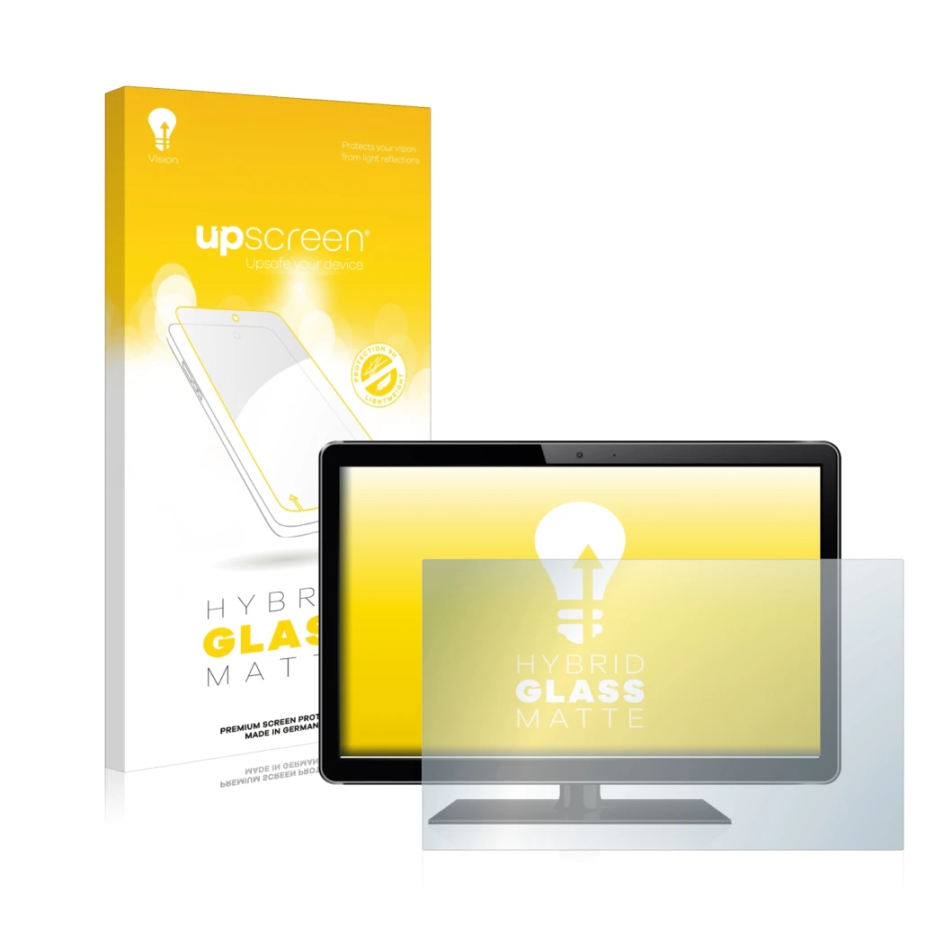 Parte frontal de un envase de producto con el logotipo de la marca upscreen. Al lado se muestra el dispositivo con su protecto