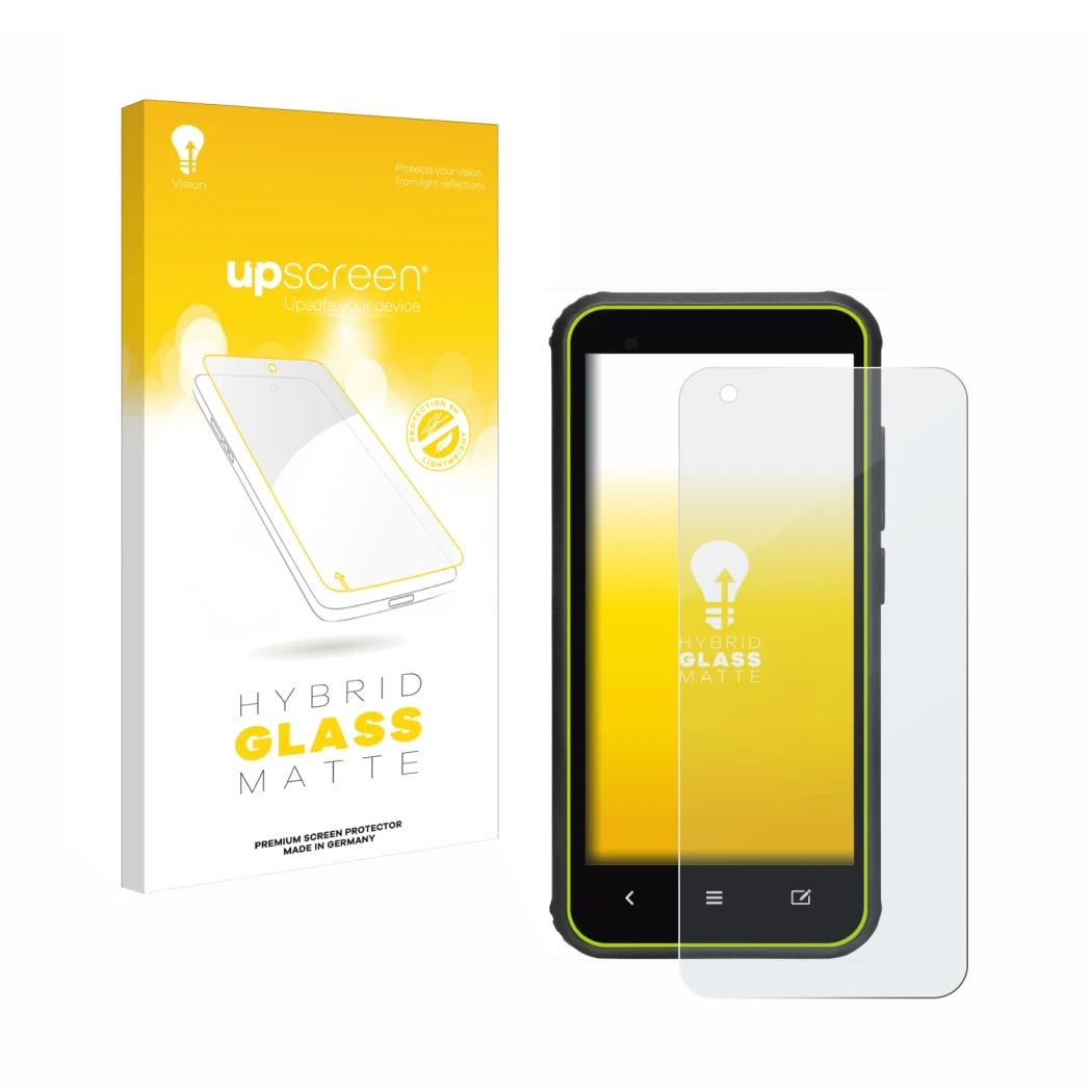 Parte frontal de un envase de producto con el logotipo de la marca upscreen. Al lado se muestra el dispositivo SkyCaddie SX400