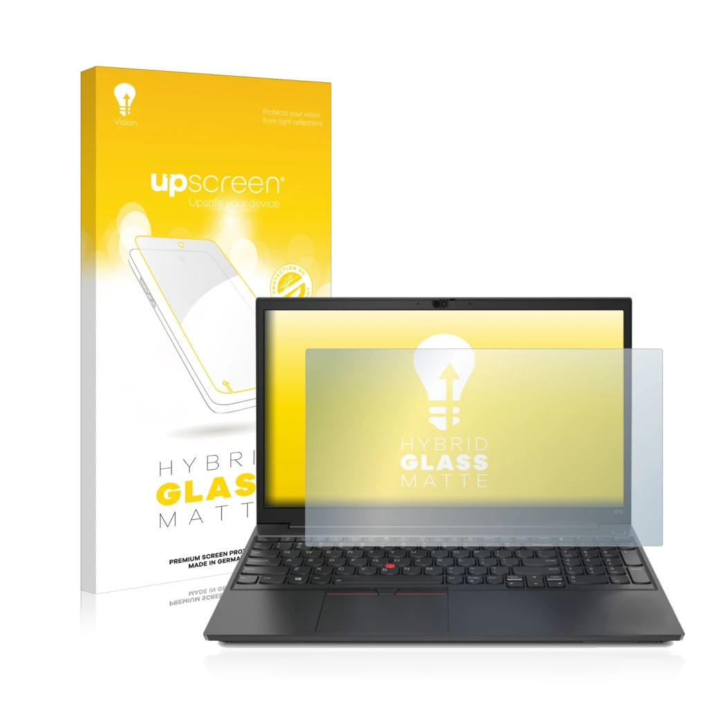 Parte frontal de un envase de producto con el logotipo de la marca upscreen. Al lado se muestra el dispositivo Lenovo ThinkPad