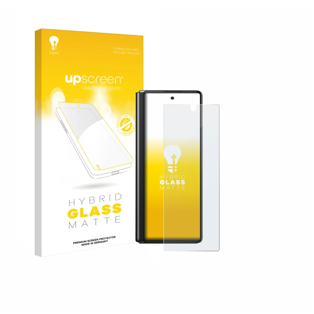 Parte frontal de un envase de producto con el logotipo de la marca upscreen. Al lado se muestra el dispositivo Samsung Galaxy 