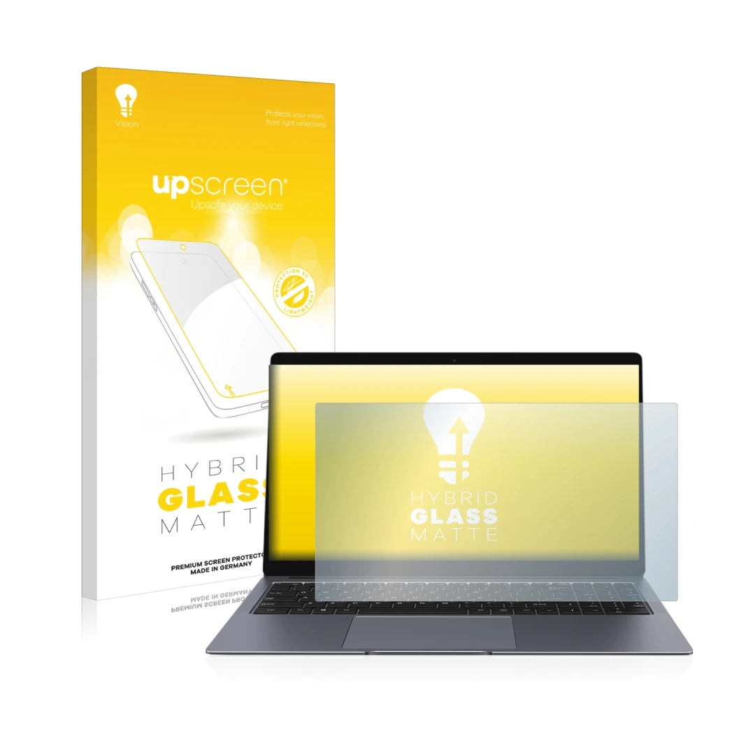 Parte frontal de un envase de producto con el logotipo de la marca upscreen. Al lado se muestra el dispositivo Chuwi LapBook P