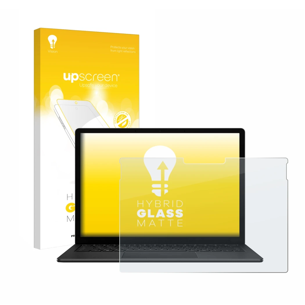 Parte frontal de un envase de producto con el logotipo de la marca upscreen. Al lado se muestra el dispositivo Microsoft Surfa