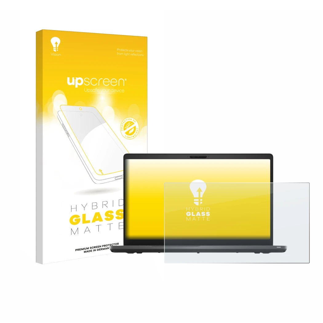 Parte frontal de un envase de producto con el logotipo de la marca upscreen. Al lado se muestra el dispositivo Dell Latitude 5