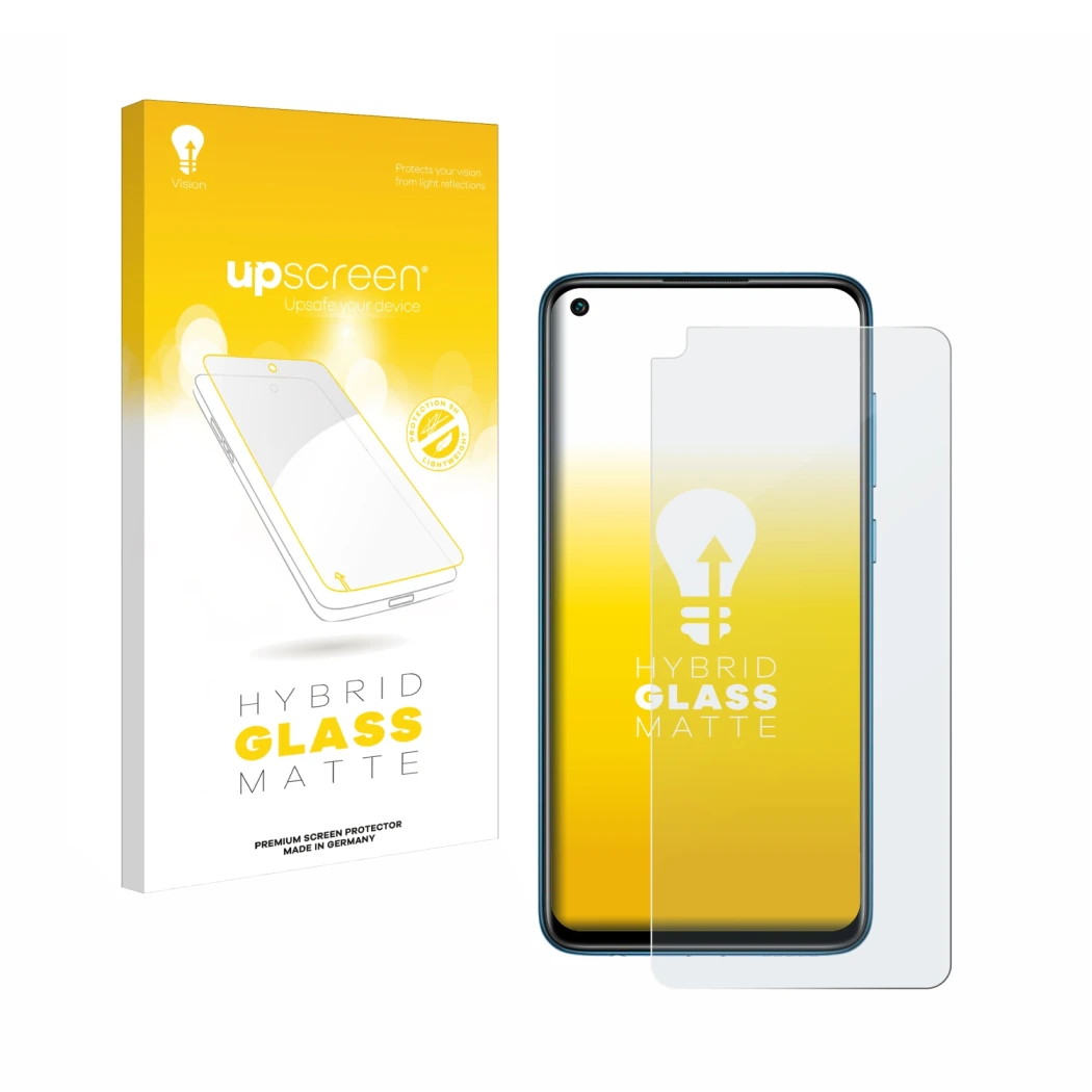 Parte frontal de un envase de producto con el logotipo de la marca upscreen. Al lado se muestra el dispositivo Xiaomi Redmi No