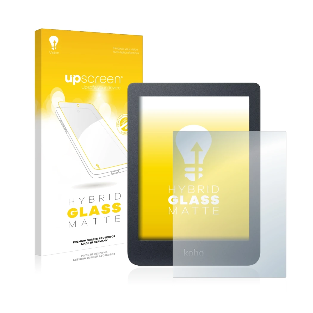 Parte frontal de un envase de producto con el logotipo de la marca upscreen. Al lado se muestra el dispositivo Kobo Nia con su