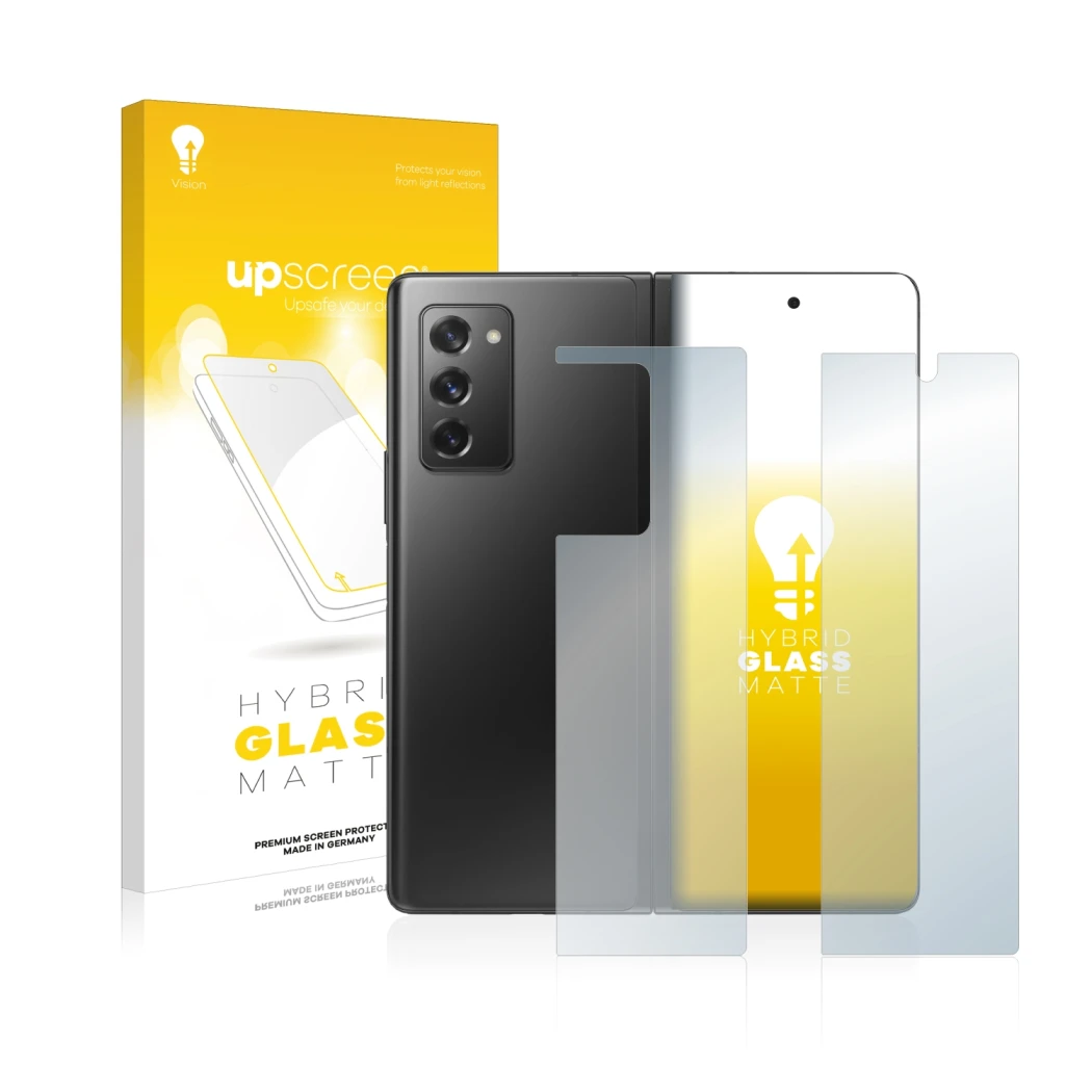 Parte frontal de un envase de producto con el logotipo de la marca upscreen. Al lado se muestra el dispositivo Samsung Galaxy 