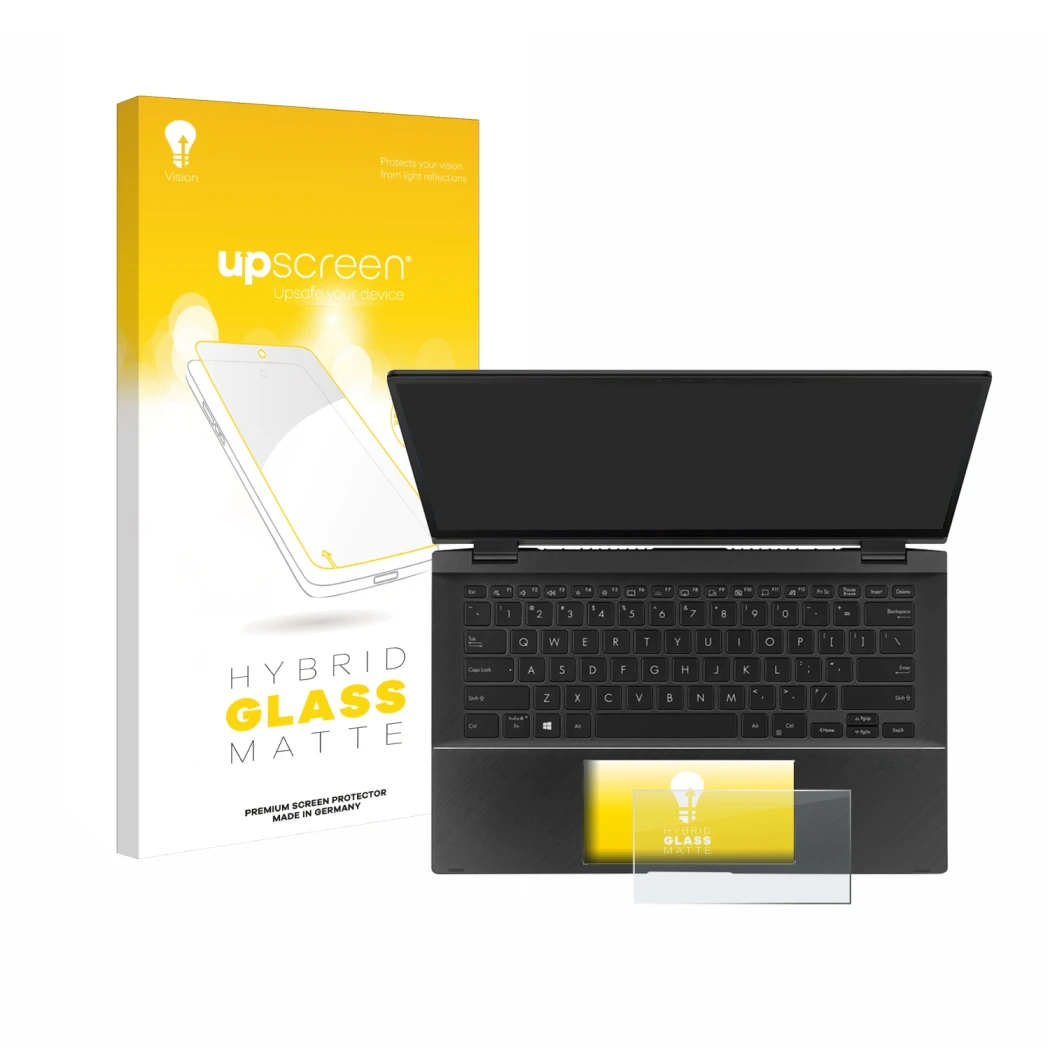 Parte frontal de un envase de producto con el logotipo de la marca upscreen. Al lado se muestra el dispositivo ASUS ZenBook Fl