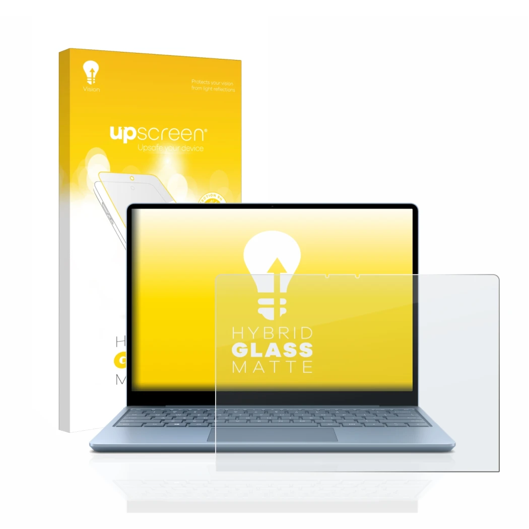 Parte frontal de un envase de producto con el logotipo de la marca upscreen. Al lado se muestra el dispositivo Microsoft Surfa