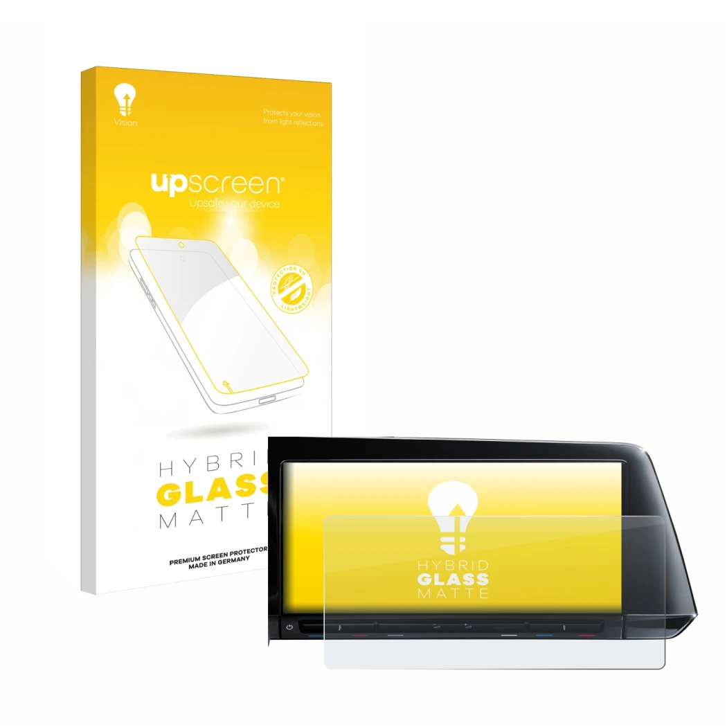 Parte frontal de un envase de producto con el logotipo de la marca upscreen. Al lado se muestra el dispositivo Volkswagen Golf