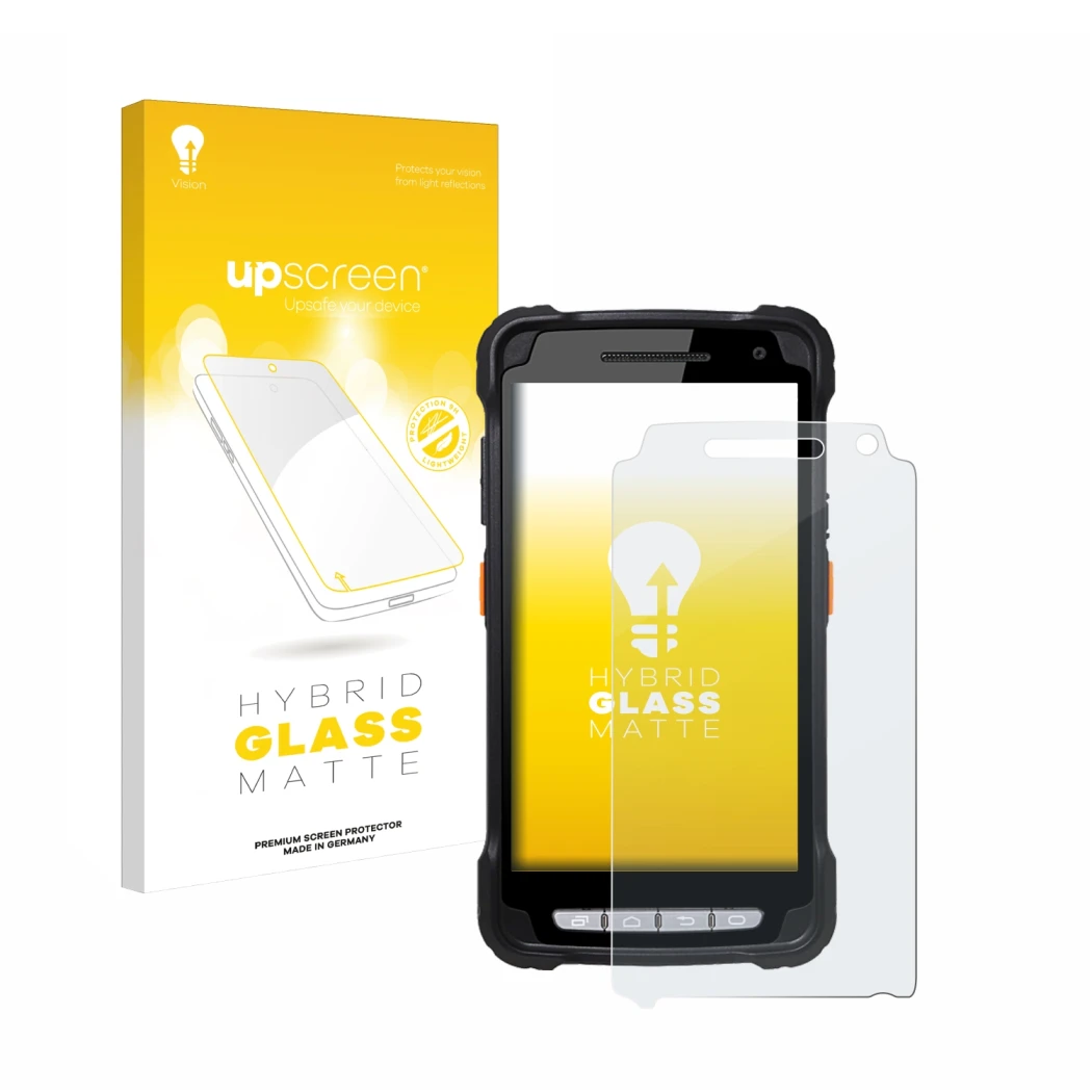 Parte frontal de un envase de producto con el logotipo de la marca upscreen. Al lado se muestra el dispositivo Point Mobile PM