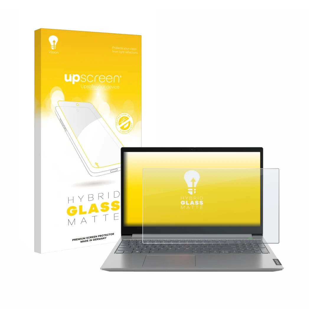 Parte frontal de un envase de producto con el logotipo de la marca upscreen. Al lado se muestra el dispositivo Lenovo ThinkBoo