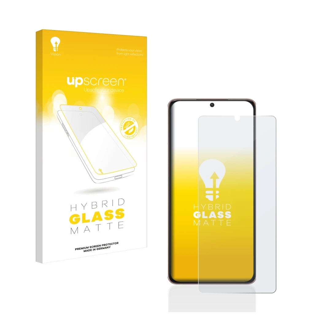 Parte frontal de un envase de producto con el logotipo de la marca upscreen. Al lado se muestra el dispositivo Samsung Galaxy 