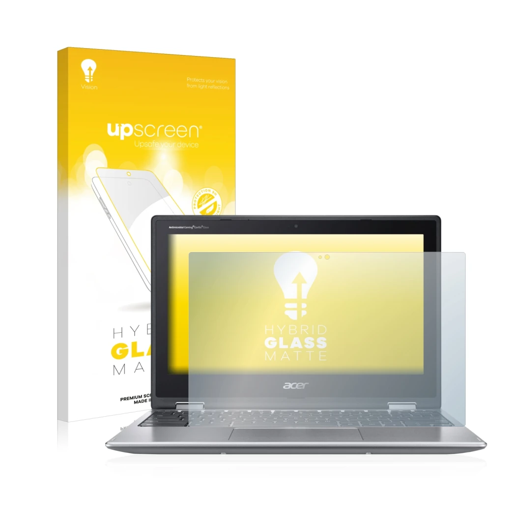 Parte frontal de un envase de producto con el logotipo de la marca upscreen. Al lado se muestra el dispositivo Acer Chromebook