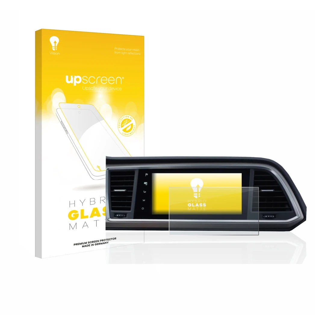 Parte frontal de un envase de producto con el logotipo de la marca upscreen. Al lado se muestra el dispositivo Seat Ateca Styl