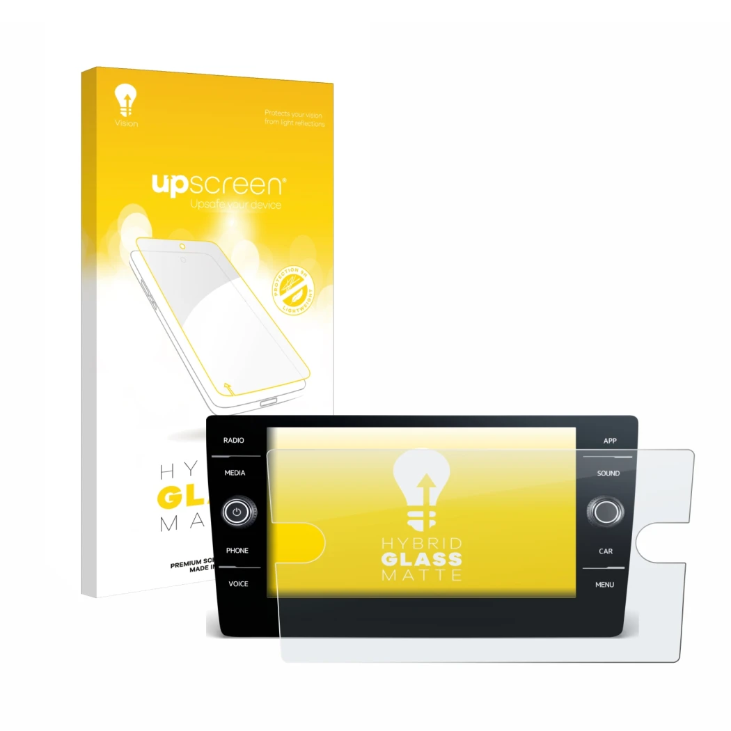 Parte frontal de un envase de producto con el logotipo de la marca upscreen. Al lado se muestra el dispositivo Volkswagen Tigu