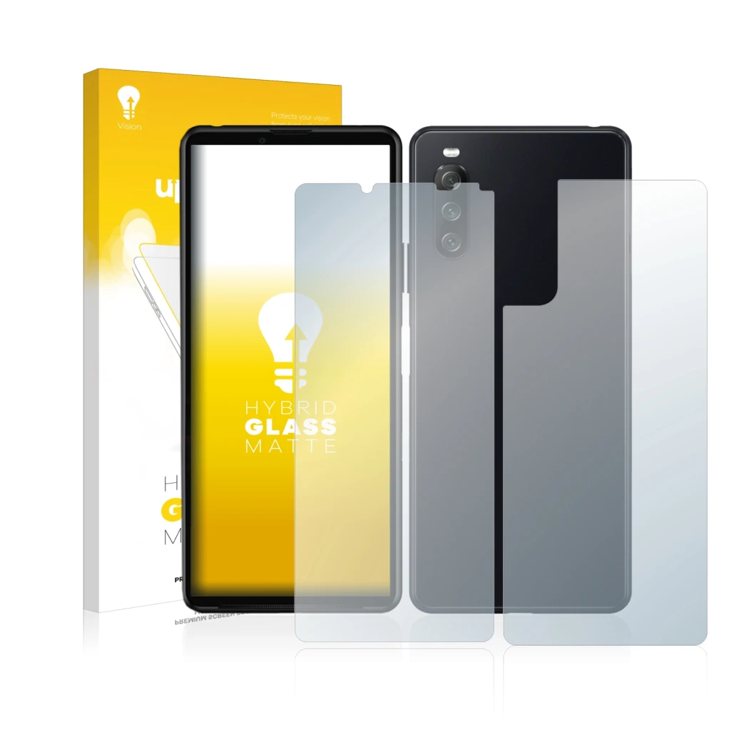 Parte frontal de un envase de producto con el logotipo de la marca upscreen. Al lado se muestra el dispositivo Sony Xperia 10 