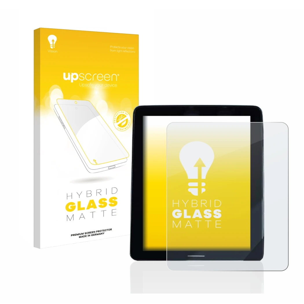 Parte frontal de un envase de producto con el logotipo de la marca upscreen. Al lado se muestra el dispositivo Volvo Polestar 