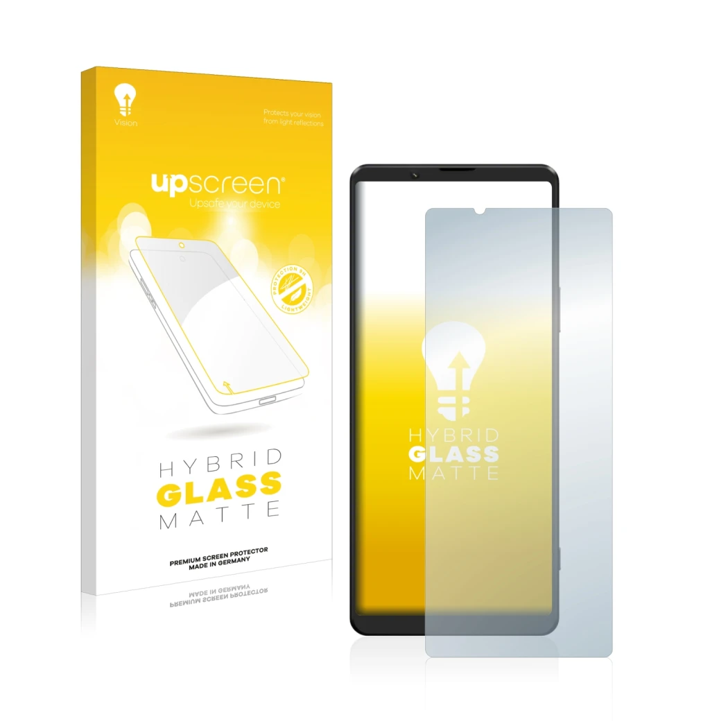 Parte frontal de un envase de producto con el logotipo de la marca upscreen. Al lado se muestra el dispositivo Sony Xperia 1 I