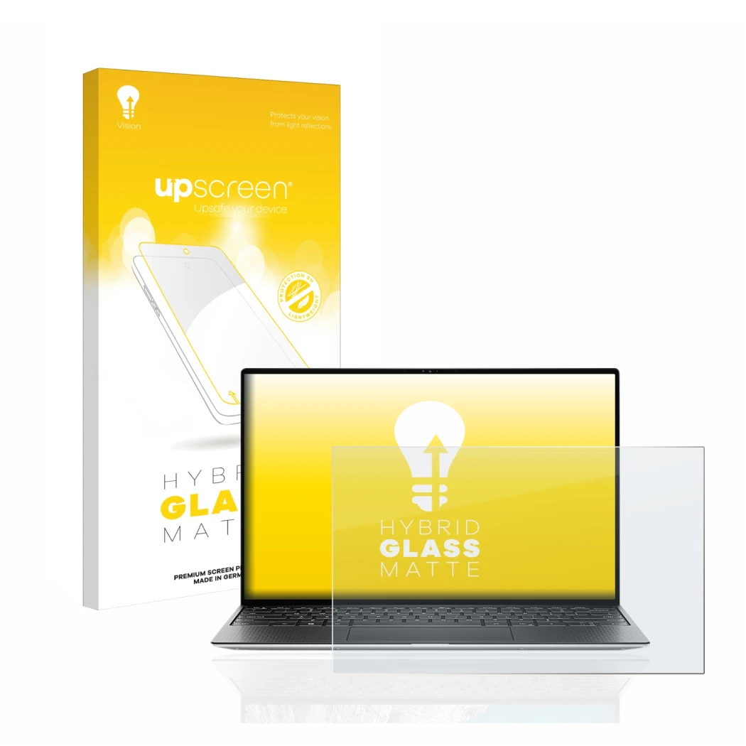 Parte frontal de un envase de producto con el logotipo de la marca upscreen. Al lado se muestra el dispositivo Dell XPS 13 931