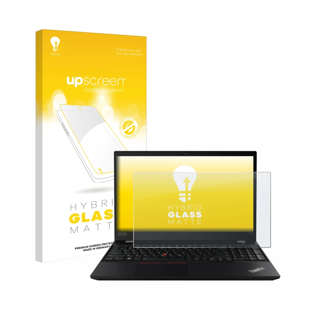 Parte frontal de un envase de producto con el logotipo de la marca upscreen. Al lado se muestra el dispositivo Lenovo ThinkPad