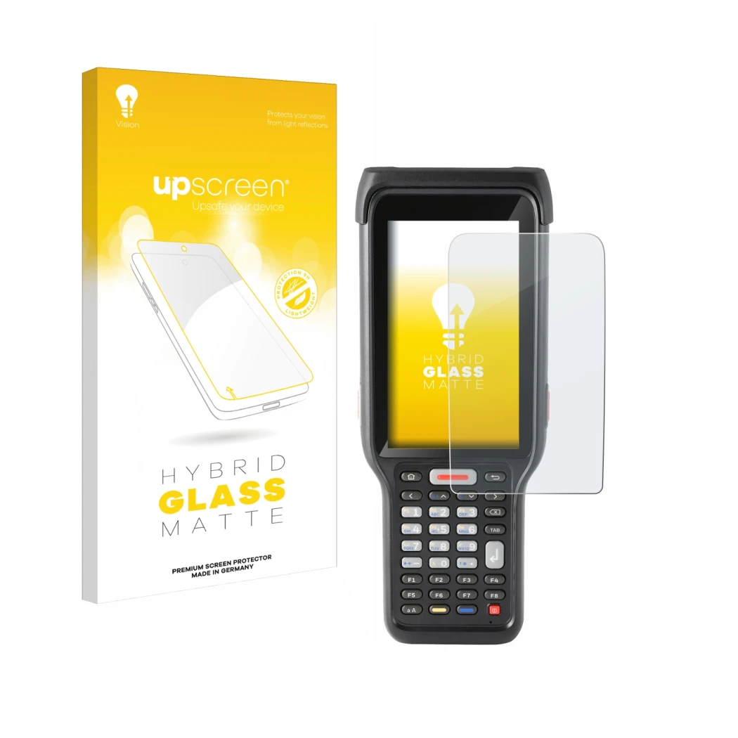 Parte frontal de un envase de producto con el logotipo de la marca upscreen. Al lado se muestra el dispositivo Honeywell ScanP