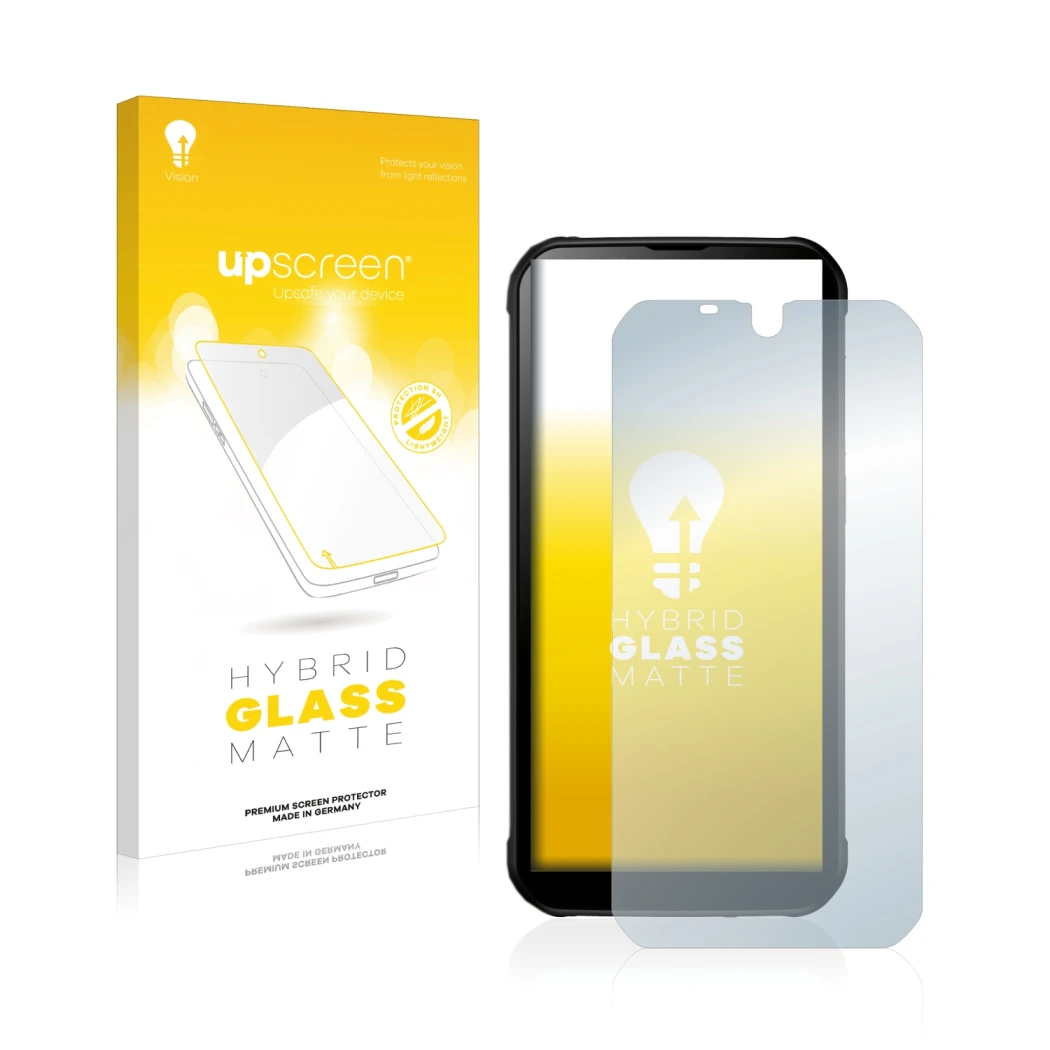 Parte frontal de un envase de producto con el logotipo de la marca upscreen. Al lado se muestra el dispositivo Gigaset GX290 p