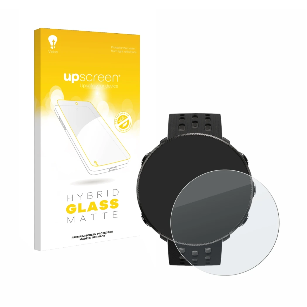 Parte frontal de un envase de producto con el logotipo de la marca upscreen. Al lado se muestra el dispositivo Polar Vantage M