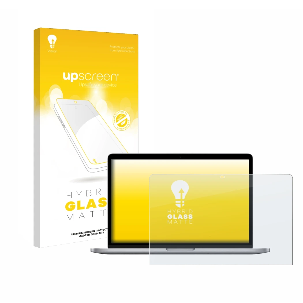 Parte frontal de un envase de producto con el logotipo de la marca upscreen. Al lado se muestra el dispositivo Apple MacBook P