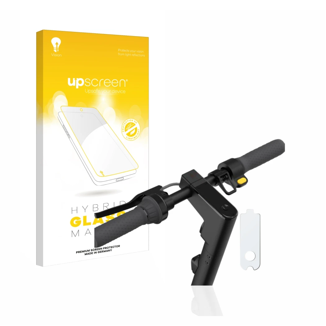 Parte frontal de un envase de producto con el logotipo de la marca upscreen. Al lado se muestra el dispositivo Segway Ninebot 