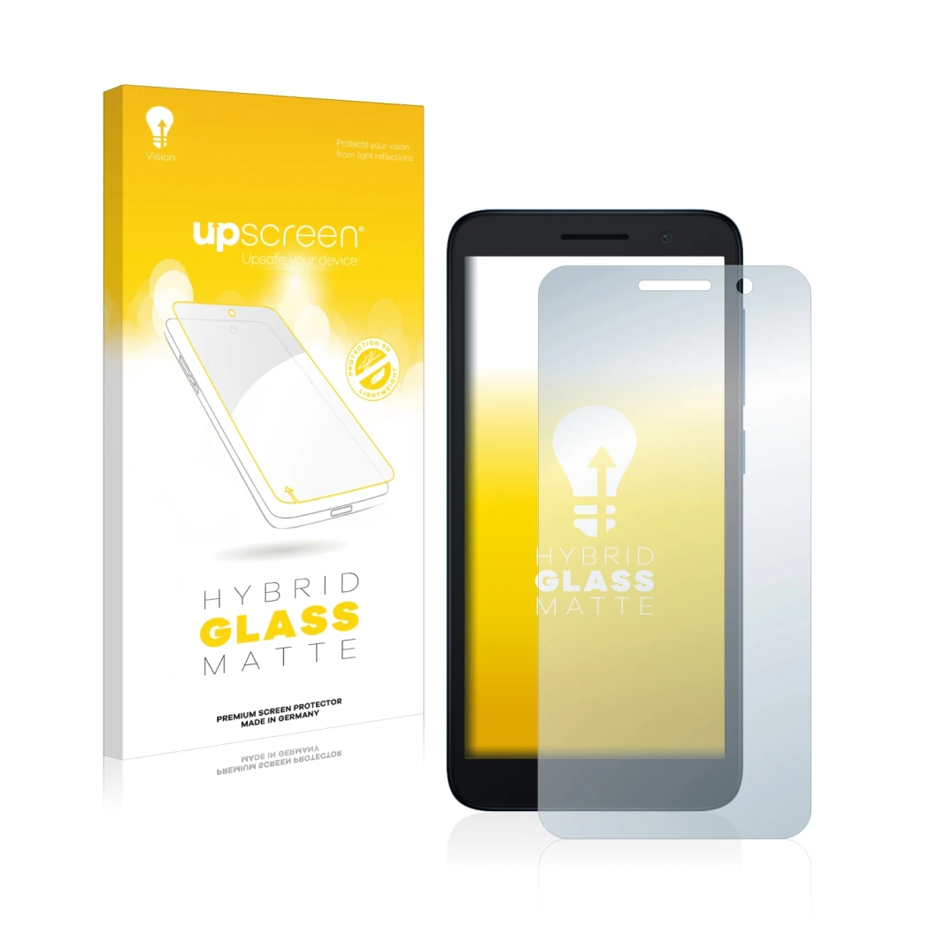 Parte frontal de un envase de producto con el logotipo de la marca upscreen. Al lado se muestra el dispositivo Alcatel 1 (2021
