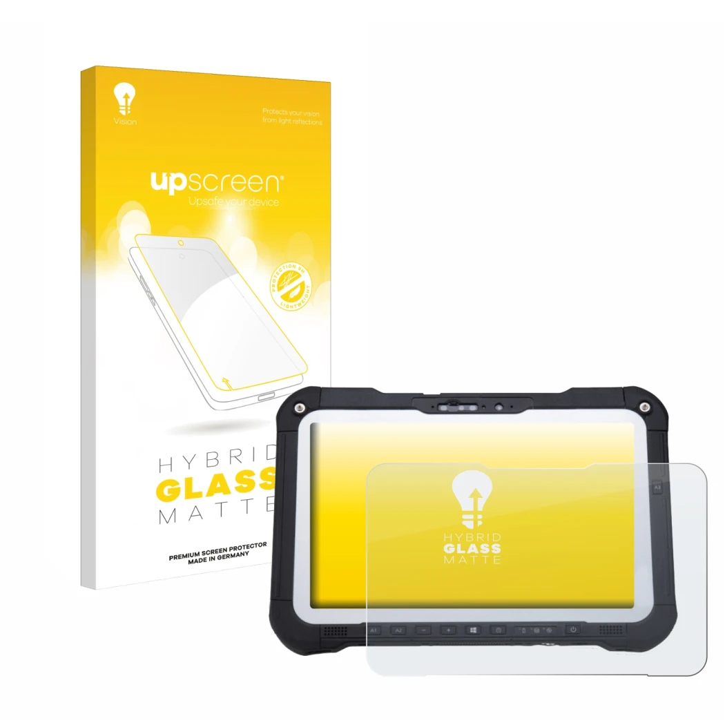 Parte frontal de un envase de producto con el logotipo de la marca upscreen. Al lado se muestra el dispositivo Panasonic Tough