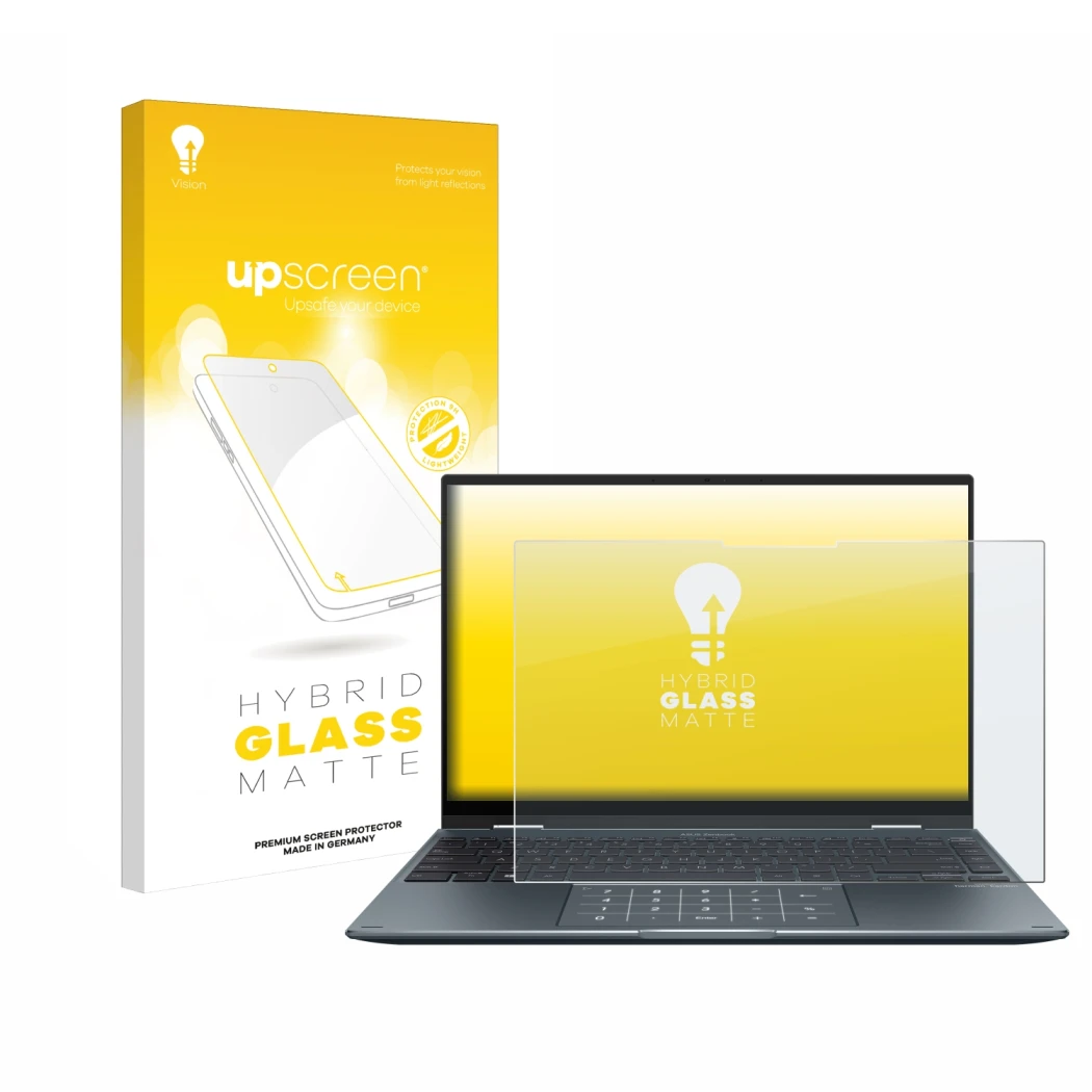 Parte frontal de un envase de producto con el logotipo de la marca upscreen. Al lado se muestra el dispositivo ASUS ZenBook 14