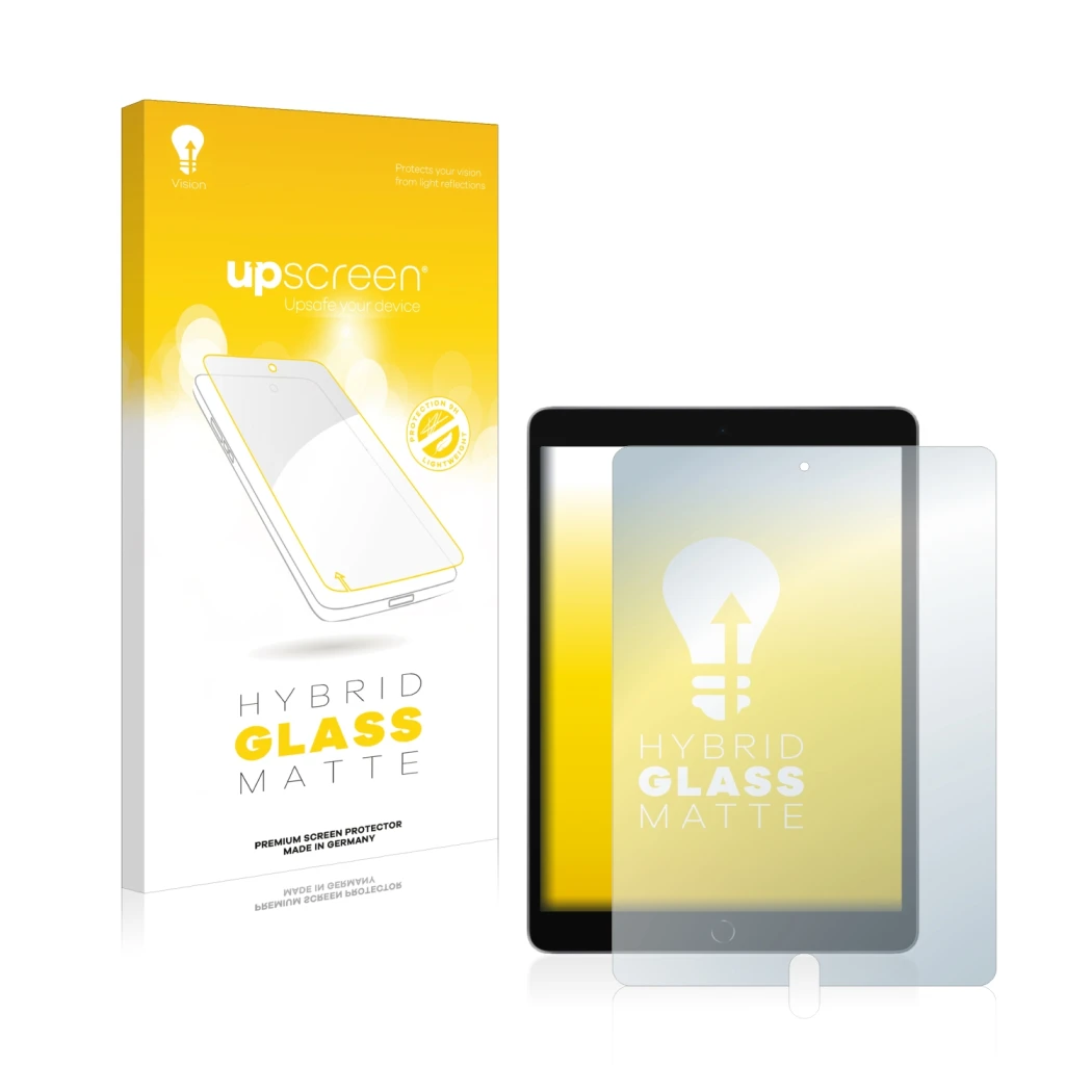 Parte frontal de un envase de producto con el logotipo de la marca upscreen. Al lado se muestra el dispositivo Apple iPad 10.2