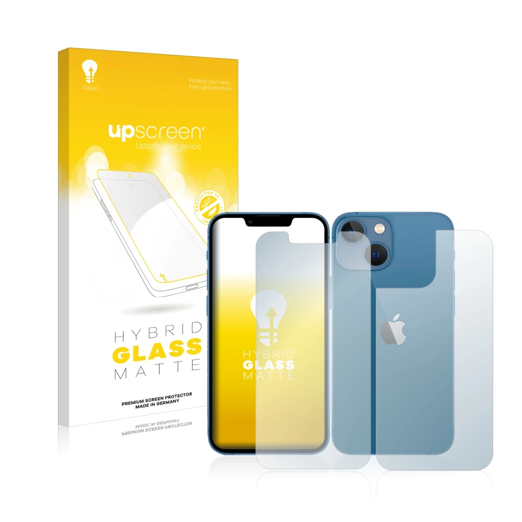 Parte frontal de un envase de producto con el logotipo de la marca upscreen. Al lado se muestra el dispositivo Apple iPhone 13
