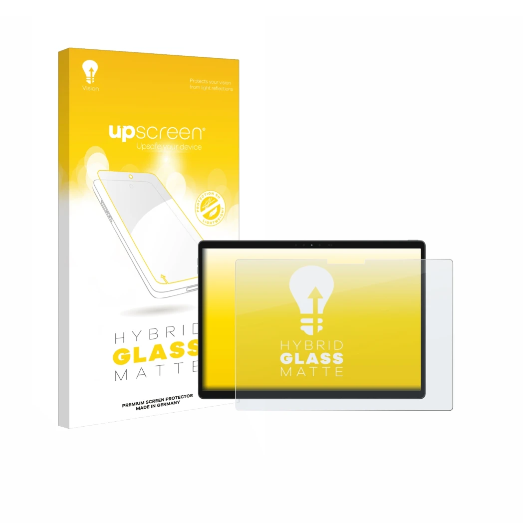 Parte frontal de un envase de producto con el logotipo de la marca upscreen. Al lado se muestra el dispositivo Dell Latitude 7