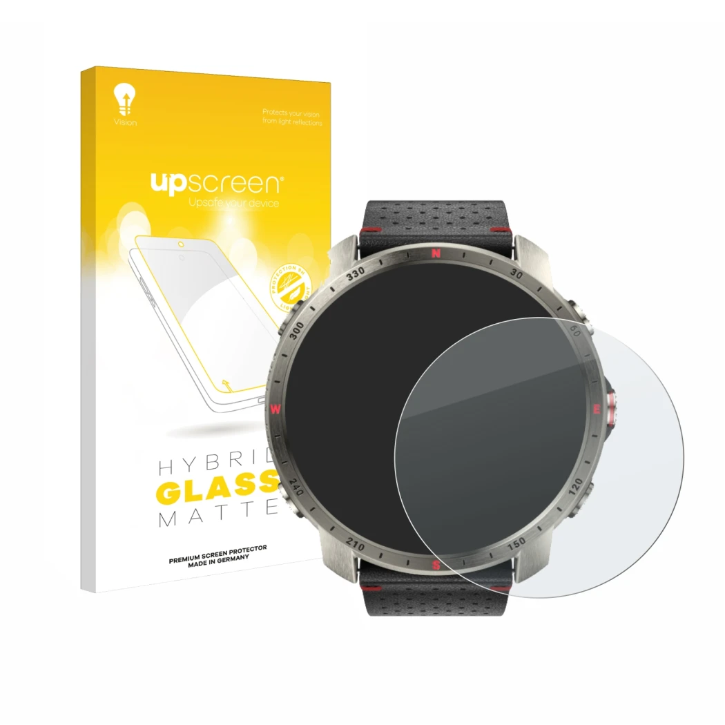 Parte frontal de un envase de producto con el logotipo de la marca upscreen. Al lado se muestra el dispositivo Polar Grit X Pr