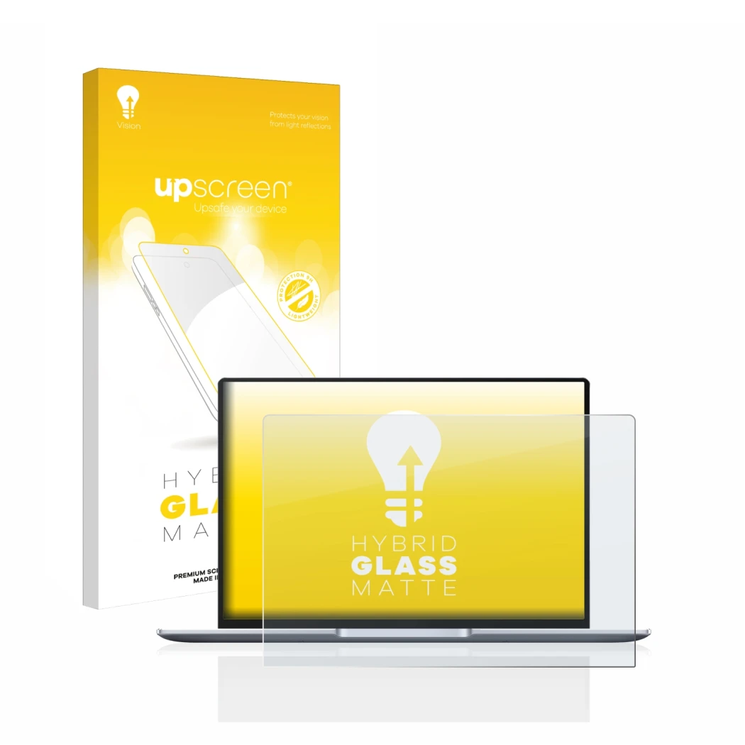 Parte frontal de un envase de producto con el logotipo de la marca upscreen. Al lado se muestra el dispositivo Huawei MateBook